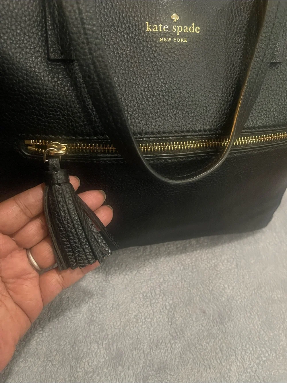 kate spade Black Pebbled Leather Shoulder Tote with Front Zip Tassel
